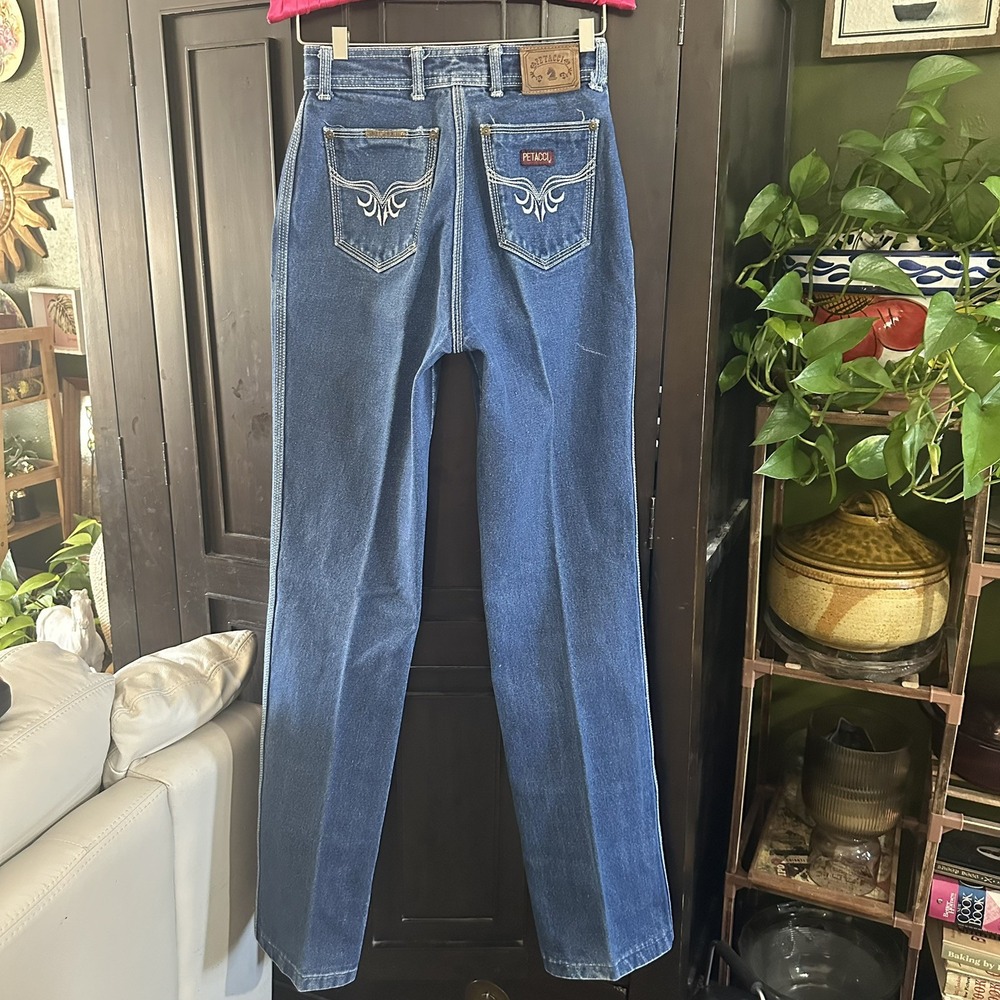 Vintage 1970s Petacci Straight Leg Women's Blue Jeans White Stitch‎ Size 7